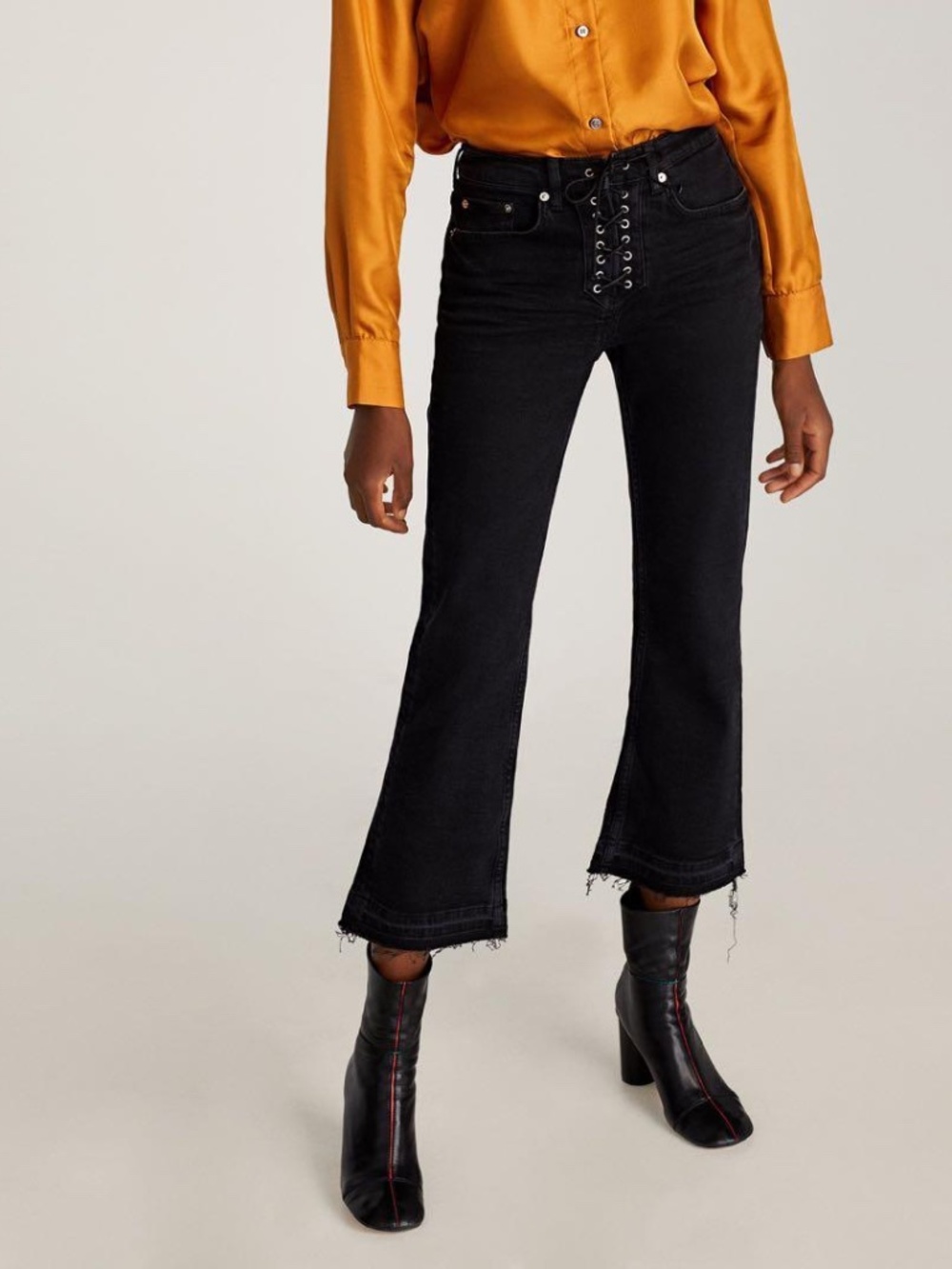 Zara Black Lace-Up Bootcut Cropped Flare Jeans | Raw Hem Denim
